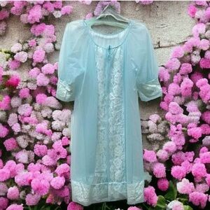 Rare Vintage Sheer Baby Blue Robe 70s Lingerie With White Floral Lace Trim Sz M